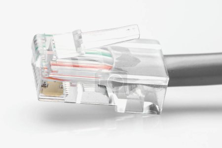 Foto de Primer plano del cable Ethernet con un enchufe sobre fondo blanco - Imagen libre de derechos