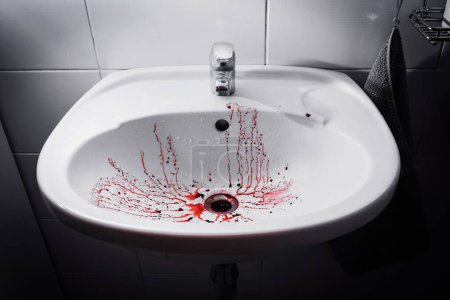 Scary crime scene with a dirty bathroom sink and blood splatters