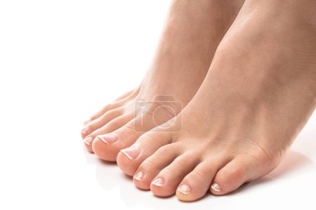 Photo for Closeup of female feet with soft skin and french pedicure on white background - Royalty Free Image