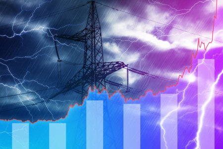 Foto de Torre de transmisión y gráfico de aumento de la chispa que representa el aumento de los precios de la electricidad durante la crisis energética mundial - Imagen libre de derechos