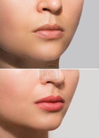 Téléchargez les photos : Gros plan des lèvres féminines après une procédure permanente de rougissement des lèvres de maquillage - en image libre de droit