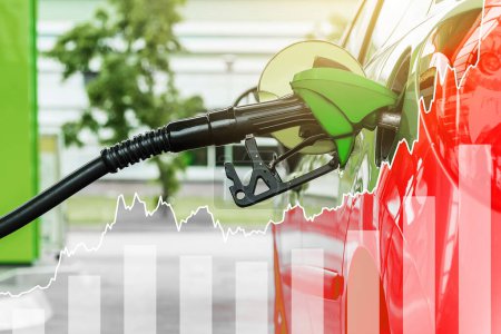 Auto mit Benzindüse und steigender Grafik, die den Anstieg der Benzinpreise während der weltweiten Energiekrise zeigt