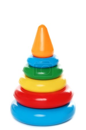 Photo for Closeup shot of a colorful plastic stacking rings toy for little kids on white background. - Royalty Free Image