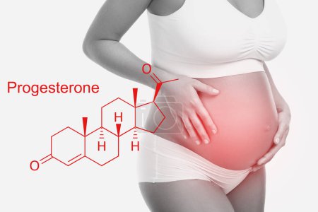 Foto de Mujer embarazada y fórmula hormonal de progesterona sobre fondo blanco - Imagen libre de derechos