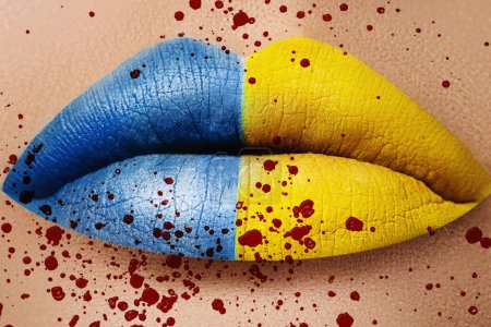 Photo for Closeup of female lips with yellow blue lipstick and blood splatters. Victims of war in Ukraine. - Royalty Free Image