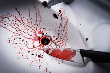 Photo for Closeup of dirty bathroom sink with blood splatter and knife - Royalty Free Image