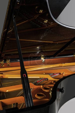 Téléchargez les photos : Détails intérieurs du piano à queue de luxe tels que marteaux, cordes et épingles. - en image libre de droit