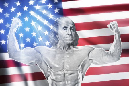 Photo for Muscular Benjamin Franklin showing double biceps against american flag on background. Compositing of real photos. - Royalty Free Image