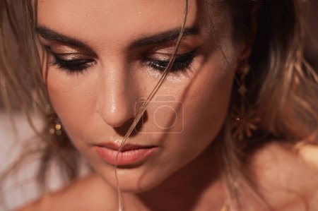 Téléchargez les photos : Portrait de femme magnifique avec effet cheveux mouillés, fards à paupières dorés et eye-liner précis. - en image libre de droit