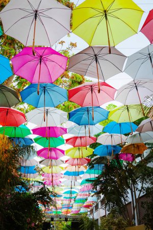 Téléchargez les photos : Plafond décoratif fait de parasols par une journée nuageuse d'été - en image libre de droit