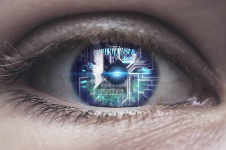 Photo for Female eye with overlay of printed circuit board. Concepts of Artificial intelligence development or Microchip implants. - Royalty Free Image