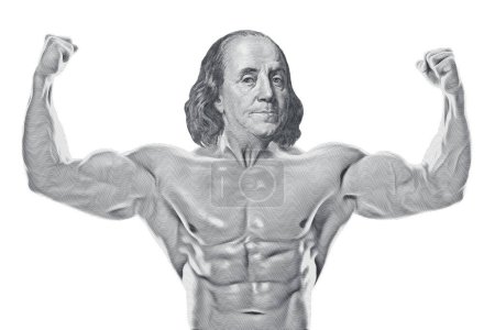 Photo for Muscular Benjamin Franklin showing double biceps isolated on white background. Strong dollar symbol of stability and security. - Royalty Free Image