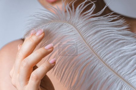 Téléchargez les photos : Gros plan de la main féminine à la peau lisse et à la plume d'autruche douce. - en image libre de droit