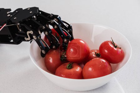Photo for Real robot's hand and bowl with ripe tomatoes. Concept of robotic process automation. - Royalty Free Image