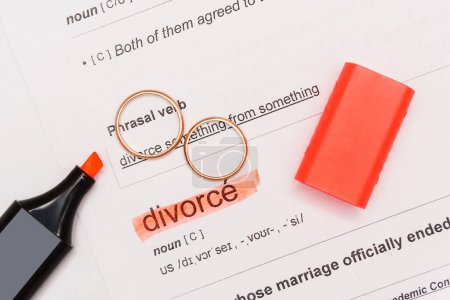 Téléchargez les photos : Gros plan de deux alliances dorées et stylo surligneur avec mot de divorce marqué - en image libre de droit