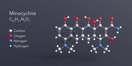 Téléchargez les photos : Minocycline molécule rendu 3d, structure moléculaire plane avec formule chimique et atomes codage par couleur - en image libre de droit