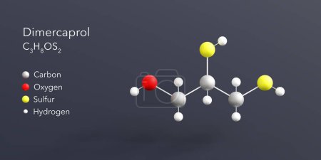 dimercaprol molecule 3d rendering, flat molecular structure with chemical formula and atoms color coding