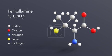 Téléchargez les photos : Penicillamine molecule 3d rendering, flat molecular structure with chemical formula and atoms color coding - en image libre de droit