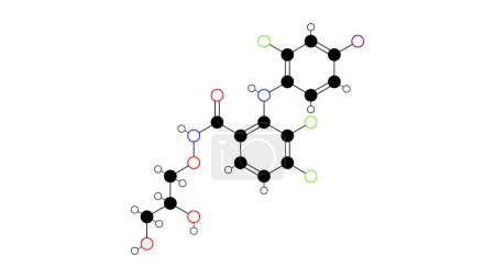 molécula de mirdametinib, fórmula química estructural, modelo de bola y palo, éster de ácido hidroxámico de imagen aislada