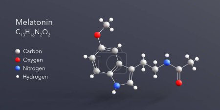 Molécule de mélatonine rendu 3d, structure moléculaire plane avec formule chimique et atomes couleur codage