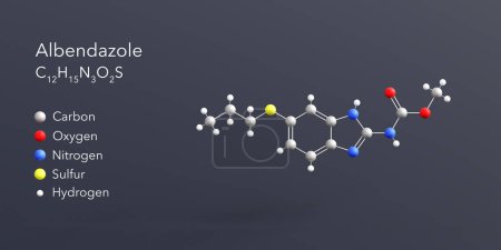 Téléchargez les photos : Albendazole molecule 3d rendering, flat molecular structure with chemical formula and atoms color coding - en image libre de droit