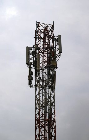 Photo for Depok, Indonesia - April 21, 2024: The Base Transceiver Station (BTS) tower belongs to one of the telecommunications operators in Indonesia. - Royalty Free Image