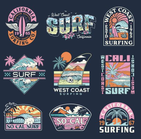 Ilustración de Surf Vector Graphic Set. Una colección de diseños de surf vectorial vintage, moderno, dibujado a mano y limpio. - Imagen libre de derechos