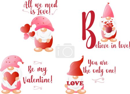 Téléchargez les photos : Gnomes de Saint-Valentin avec un beau texte. Belle conception pour les valentines romantiques avec des gnomes de dessin animé mignons et des signes.. - en image libre de droit