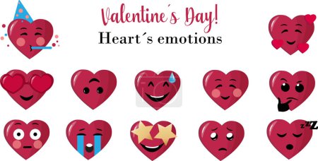 Téléchargez les photos : Set of heart facial emotions. Nice cartoon design of heart icons, collection emoji for Valentines Day. - en image libre de droit