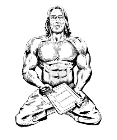 Photo for Bodybuilder sits in lotus position and draws. A man with a beautiful body draws on the iPad - Royalty Free Image