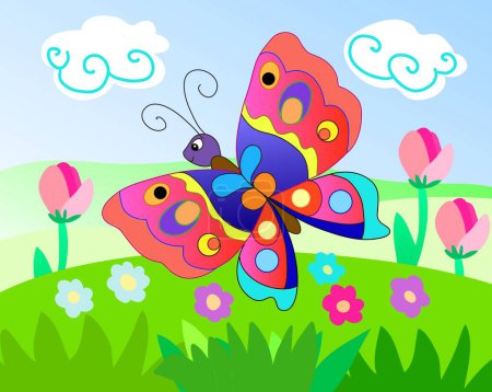 Cartoon Colorfoul butterfly in the meadow
