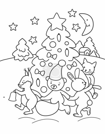 For coloring  funny animals dance around the Christmas tree
