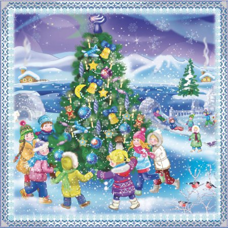 Christmas tree and childrens in snowvillage