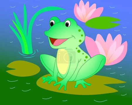 cartoon bright cute frog on a pond among water lilies