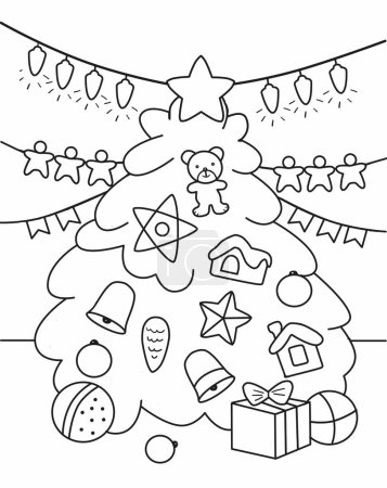 Cartoon Christmas tree with New Year's toys for coloring