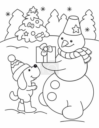 Cartoon snowman gives a gift to a dog, drawing for coloring