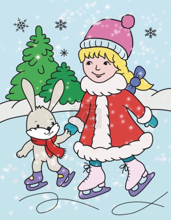girl with bunny ice skating in winter