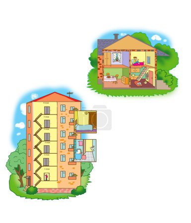 Foto de Sección transversal de dibujos animados de casas: suburbanas y urbanas de varios pisos - Imagen libre de derechos
