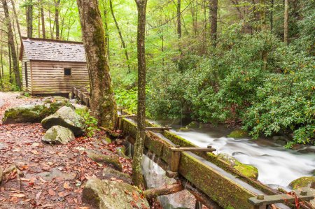 Foto de Historic house and old grist tub mill by the stream in the The valley of the Roaring Fork, the Great Smoky Mountains, Tennessee, USA - Imagen libre de derechos