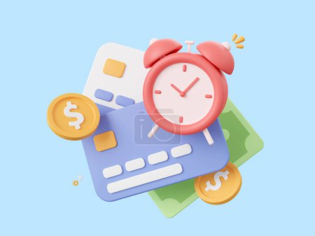 3d cartoon design illustration of Credit card with alarm clock notification icon, payment notification, payment due date, reminder notification concept.