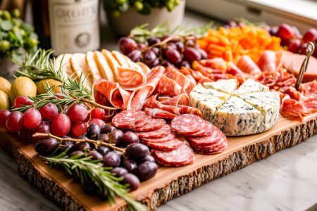 Photo for A rustic charcuterie board overflowing with sliced meats, assorted cheeses, fresh fruits, and garnishes, perfect for entertaining - Royalty Free Image