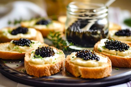 Luxury appetizer setup featuring black caviar on cream cheese toast, elegantly served on a platter for a sophisticated event
