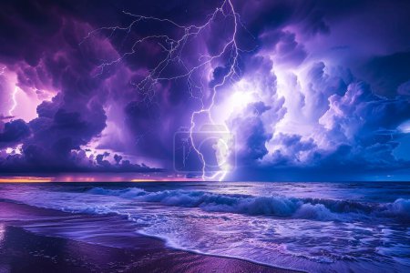 An intense lightning storm crackles with electric energy over the ocean, painting the dusk sky in shades of purple and blue