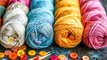 Assorted colorful knitting yarns and autumnal crafting accessories arranged on a teal background, embodying creativity and DIY crafts