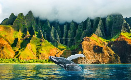 Whale Watching Kreuzfahrt bei Sonnenuntergang an der Na Pali Coast, Kauai Island, Hawaii Reiseziel. Erstaunlicher durchbrechender Buckelwal aus dem Wasser in Napali-Gebirgslandschaft.