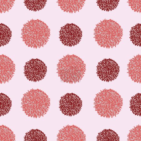 Illustration for Vector seamless pattern with pink and red pompoms, abstract background. Repeated texture hand drawn perfect for fabric or wallpaper. Cute repeating pattern for baby or birhday or chrismas. Shades of - Royalty Free Image