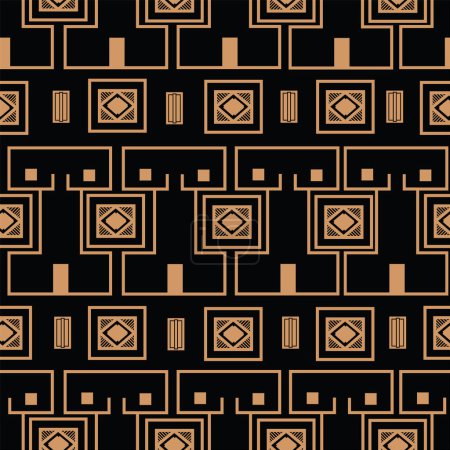 Illustration for Vector seamless pattern black woman body square shape art deco style. Brown lineal art on black background. Perfect for home decor. - Royalty Free Image