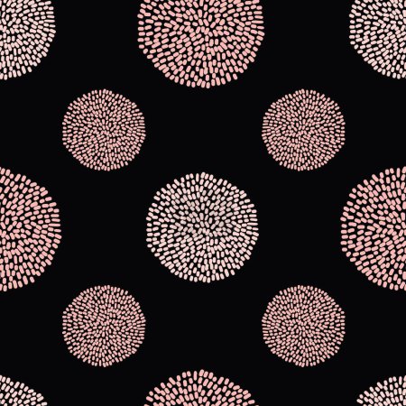 Illustration for Vector seamless pattern pink pompoms dots on black background. Great for handmade cards, invitations, wallpaper, packaging, nursery designs. - Royalty Free Image