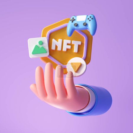 Téléchargez les photos : 3D Main avec NFT jeton non fongible avec Types de données NFT de fichiers numériques, symbole de l'icône 3d nft. Illustration de rendu 3D - en image libre de droit