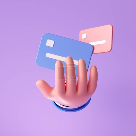 3d Kreditkarte akzeptieren Konzept. Cartoon-Hand mit Kreditkartensymbol-Symbol. 3D-Darstellung